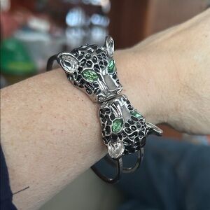 Panther style statement cuff bracelet green gem eyes bold silver tone leopard‎